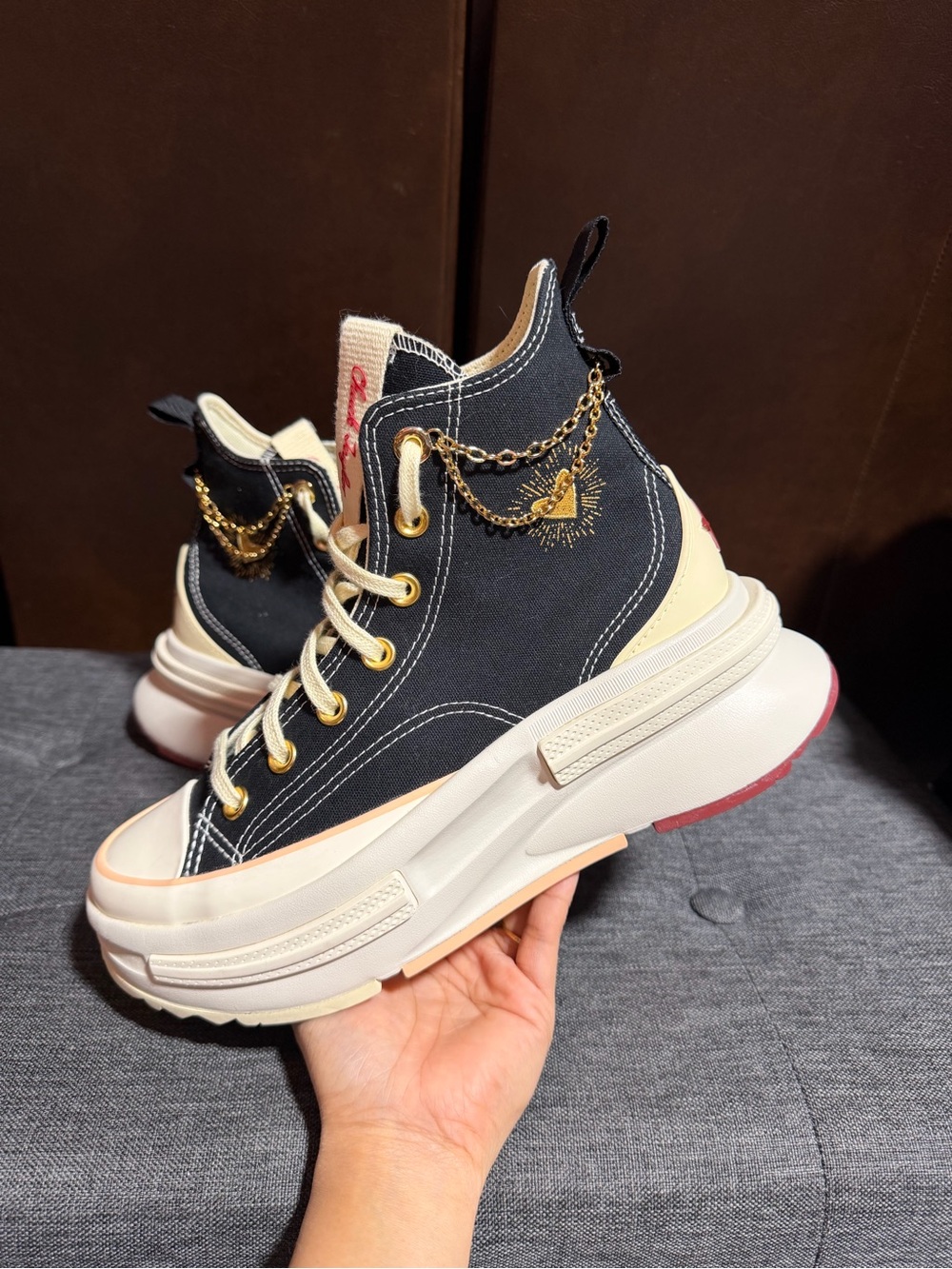 Converse Black and Cream Platform Lace-Up High-Tops with Gold Chain